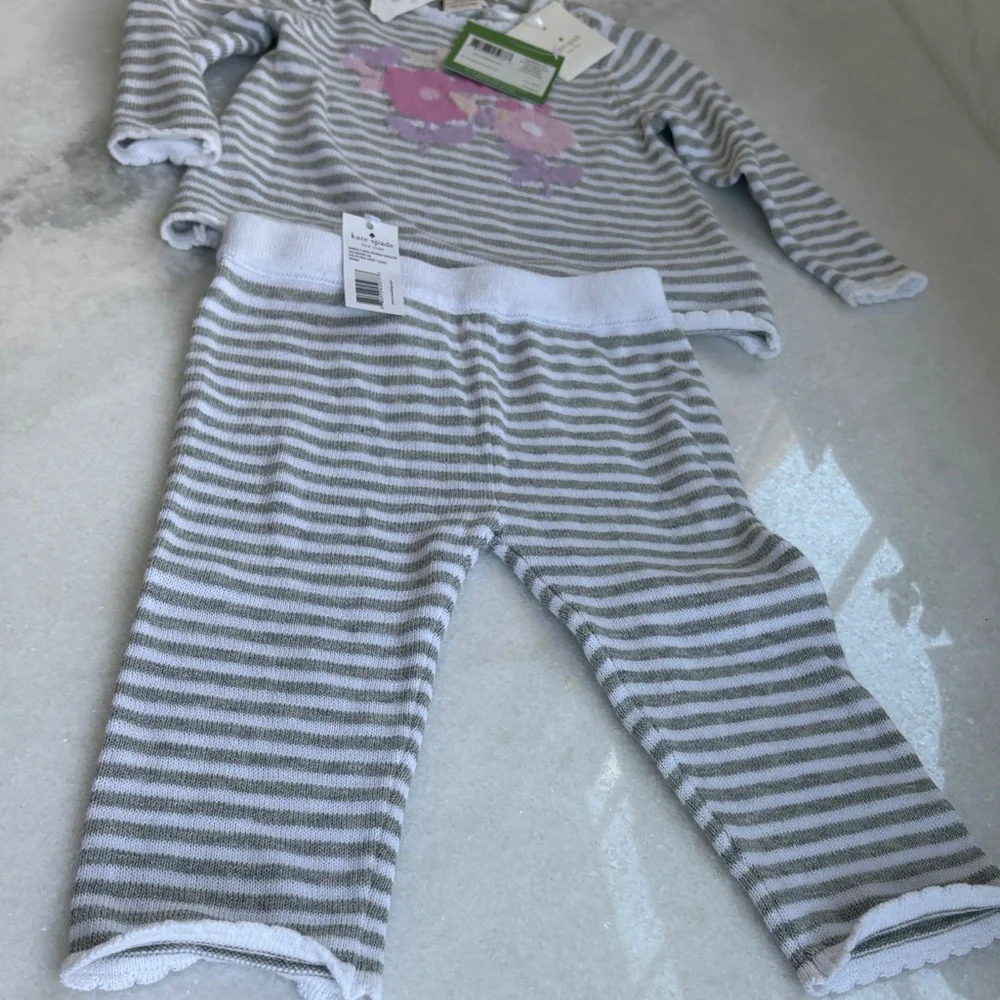 Girls Gray & White Striped Floral Accent Knit Set